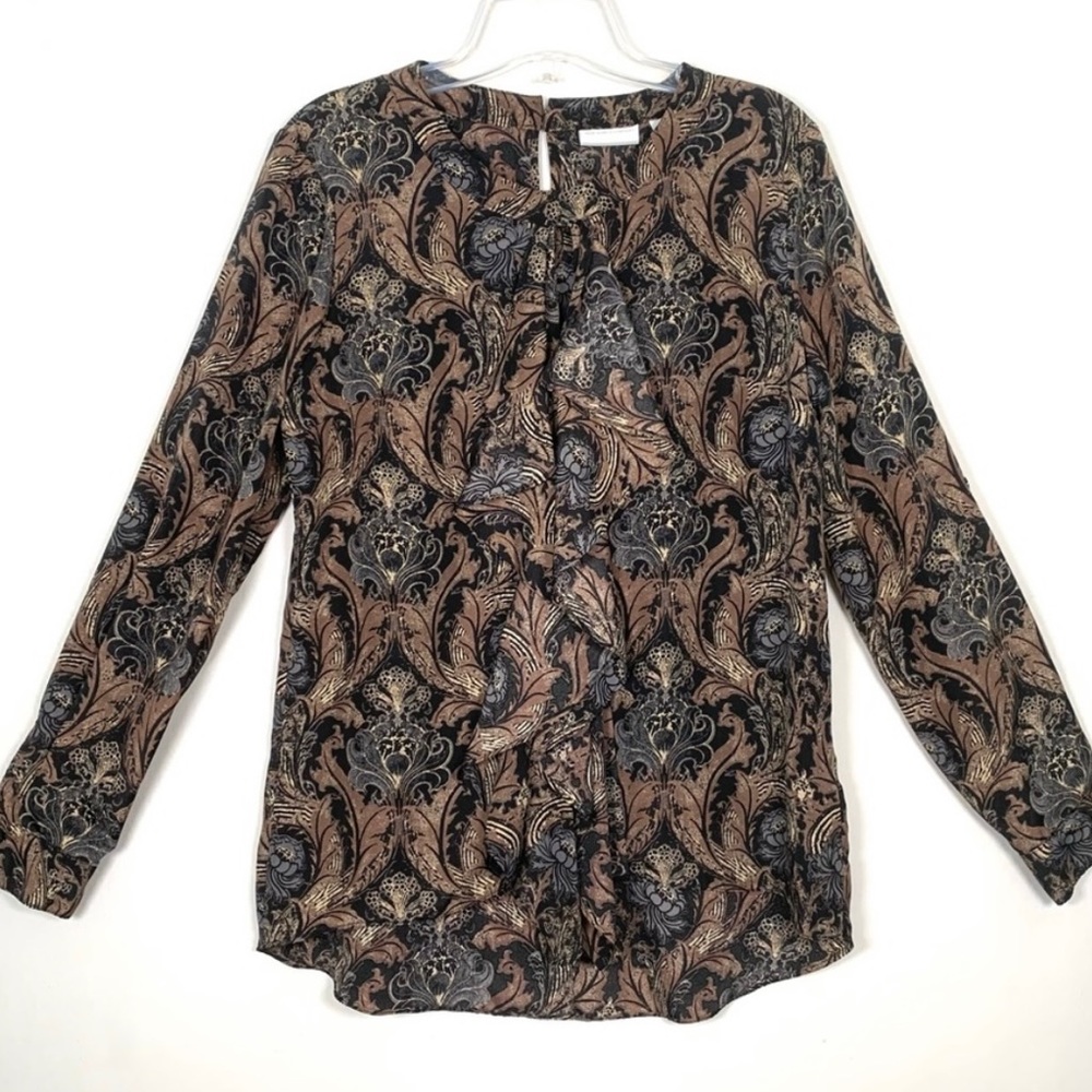 NEW YORK & COMPANY RUFFLED FRONT PULLOVER LONG SLEEVE, VERSATILE CAREER BLOUSE